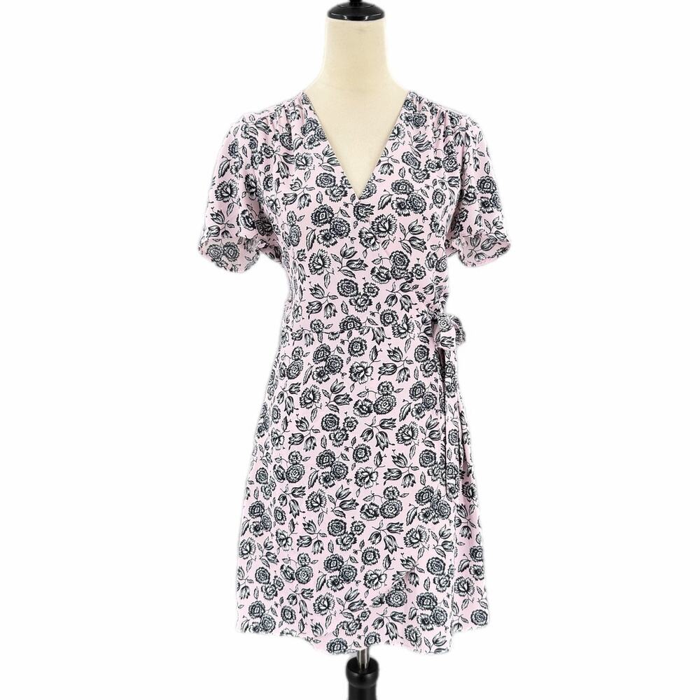 J. Crew Pink Black Floral Cottagecore Casual Feminine Day Wear Work Wrap Dress